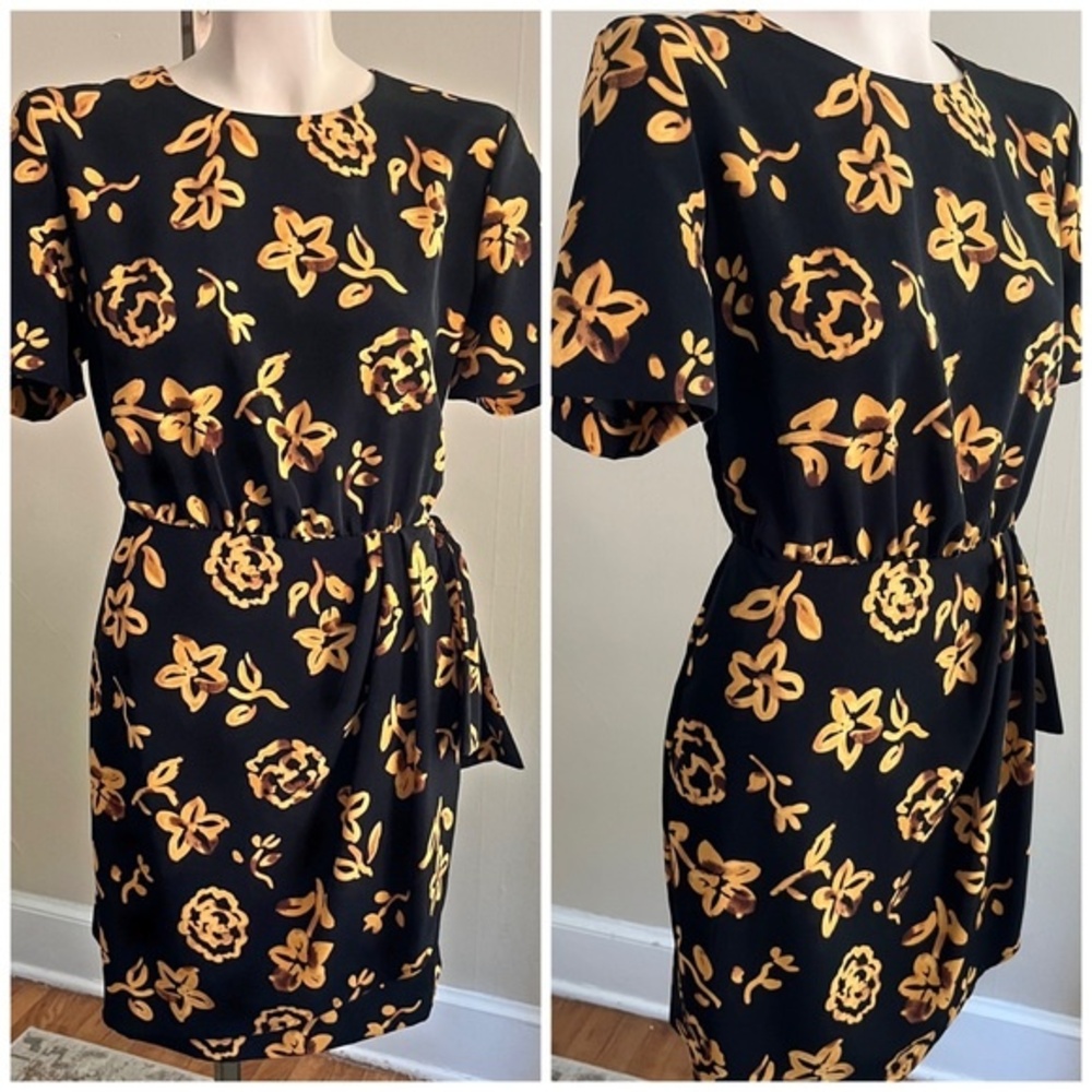 Vintage 90s Black Floral Mini Dress Tulip Hem Elastic Waist Retro Chic